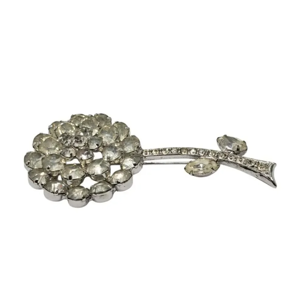 Vintage Signed Weiss Brooch Clear Rhinestone Flower Rose Long Stem Leaves